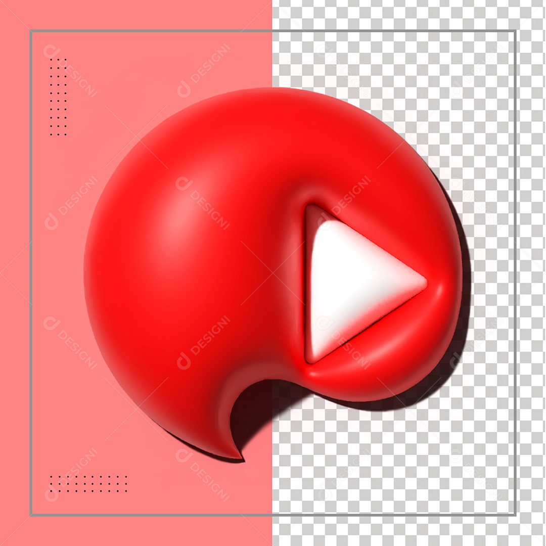 Botão Play Vermelho Elemento 3D para composição PSD