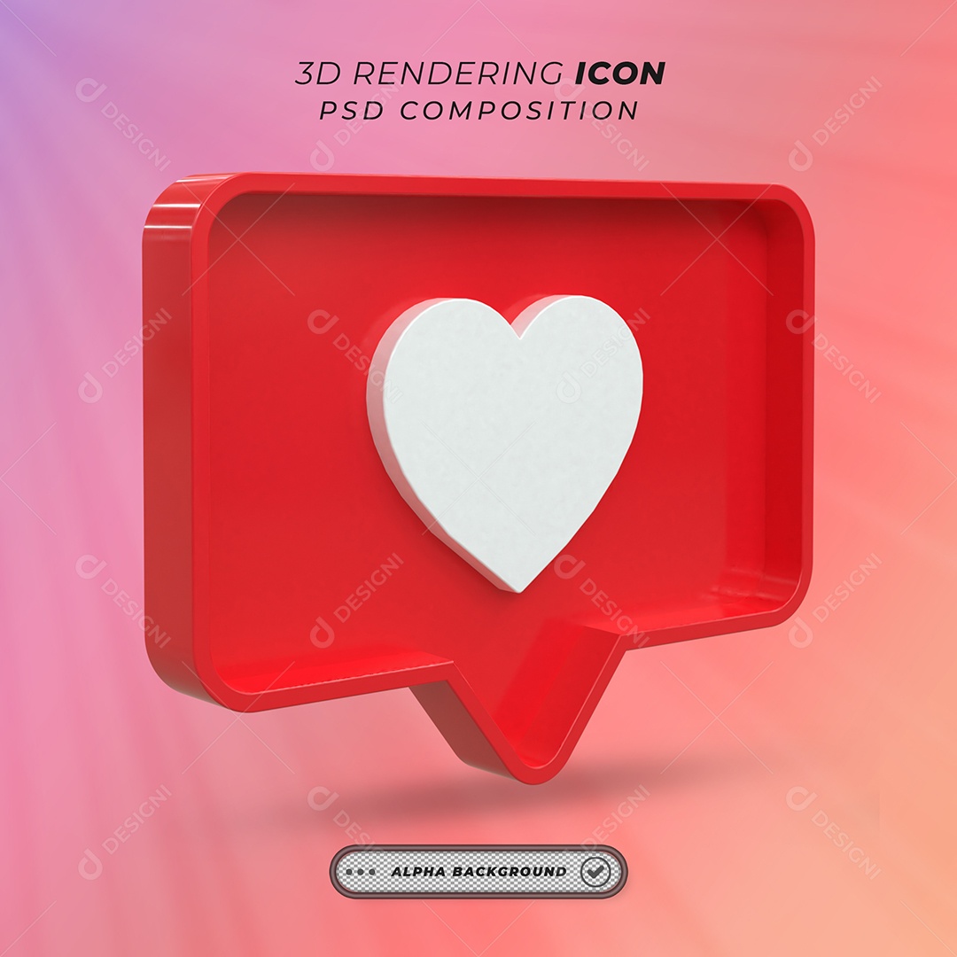 Like do Instagram Vermelho com Coração Branco Elemento 3D para Composição