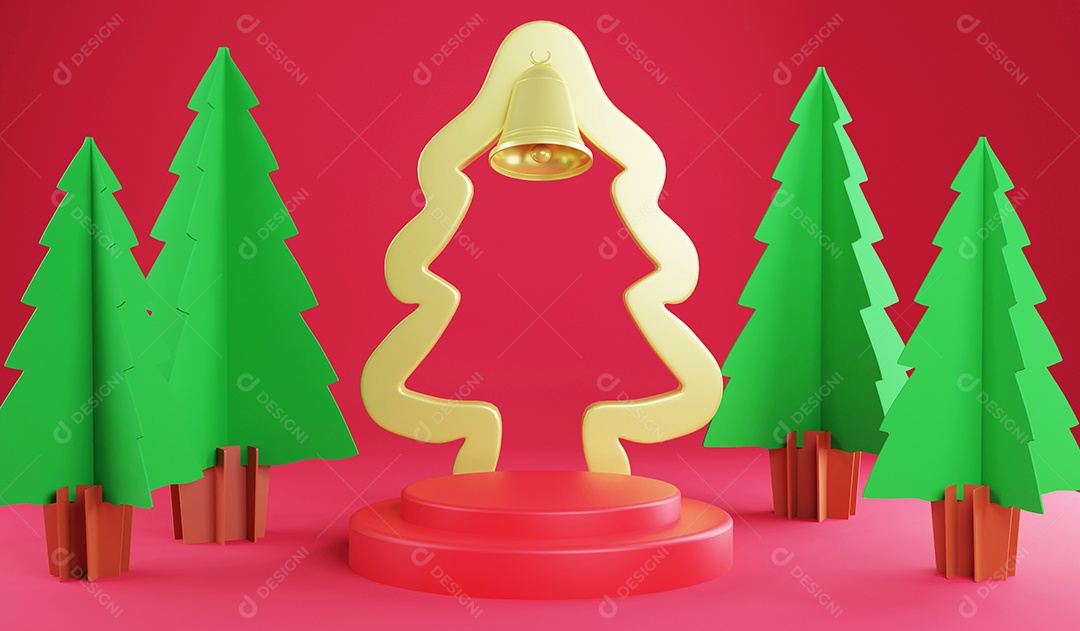 Pódio de Natal de renderização 3D e enfeites de Natal em fundo vermelho
