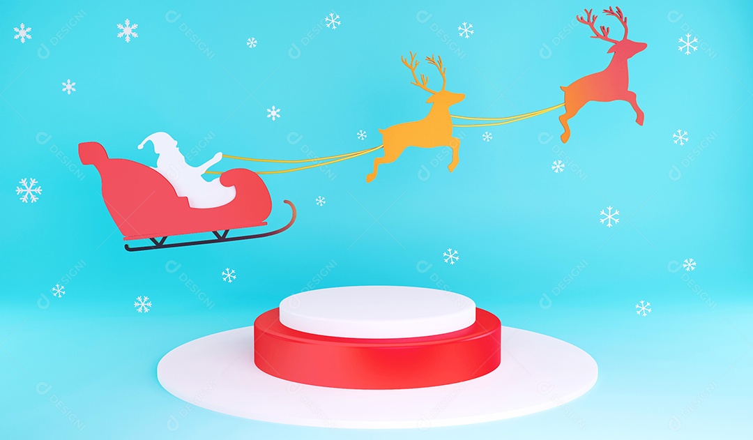 Pódio de Natal de renderização 3D e cenário de trenó de Papai Noel na neve