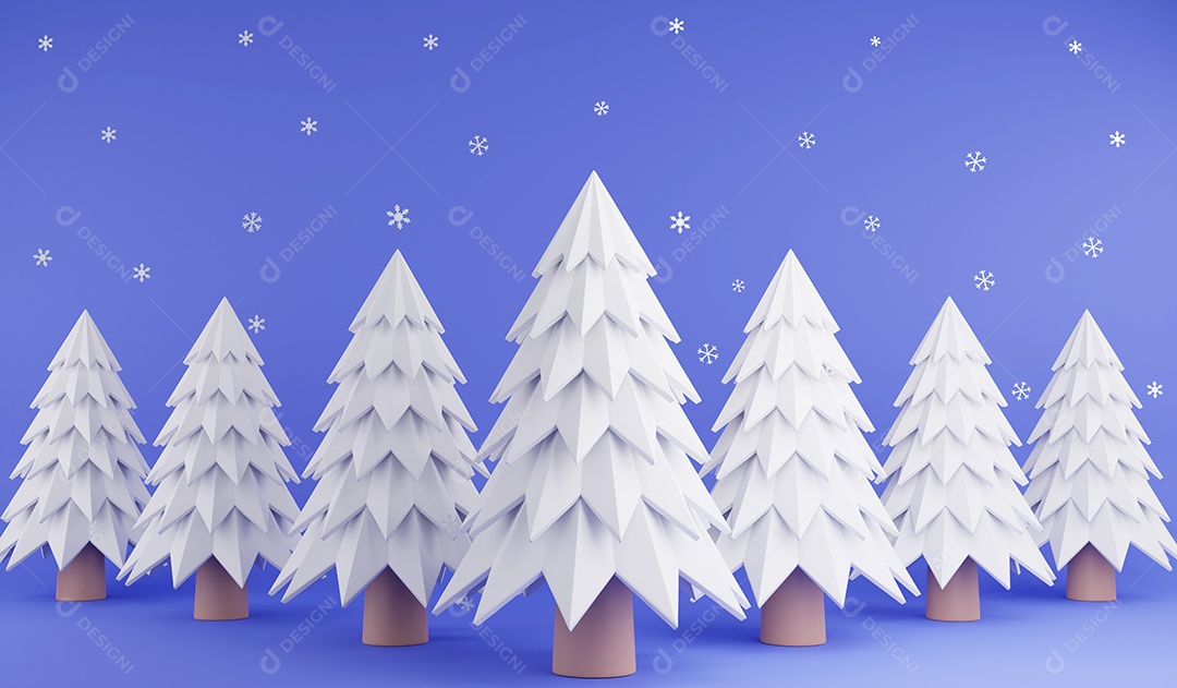 Árvore de Natal de renderização 3D em fundo de floco de neve