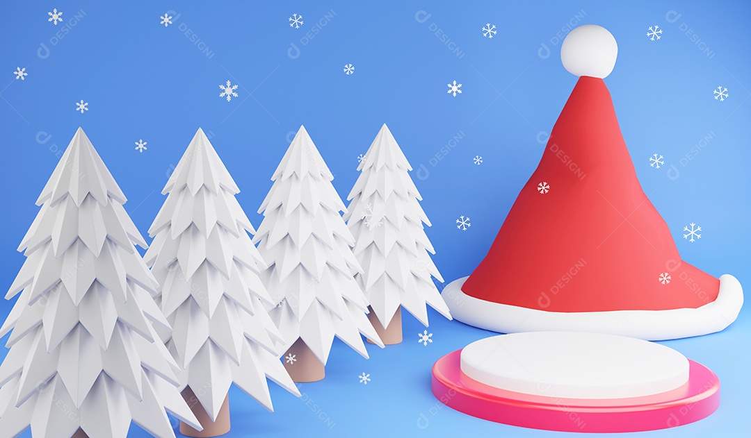 Pódio de renderização 3D para exibição de produtos e árvore de Natal e chapéu de Papai Noel em fundo de floco de neve