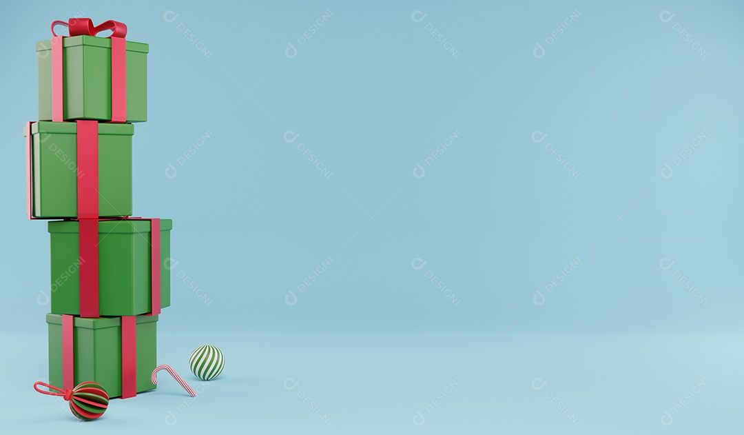 Pilha de renderização 3D presentes de natal e enfeites de natal em fundo azul