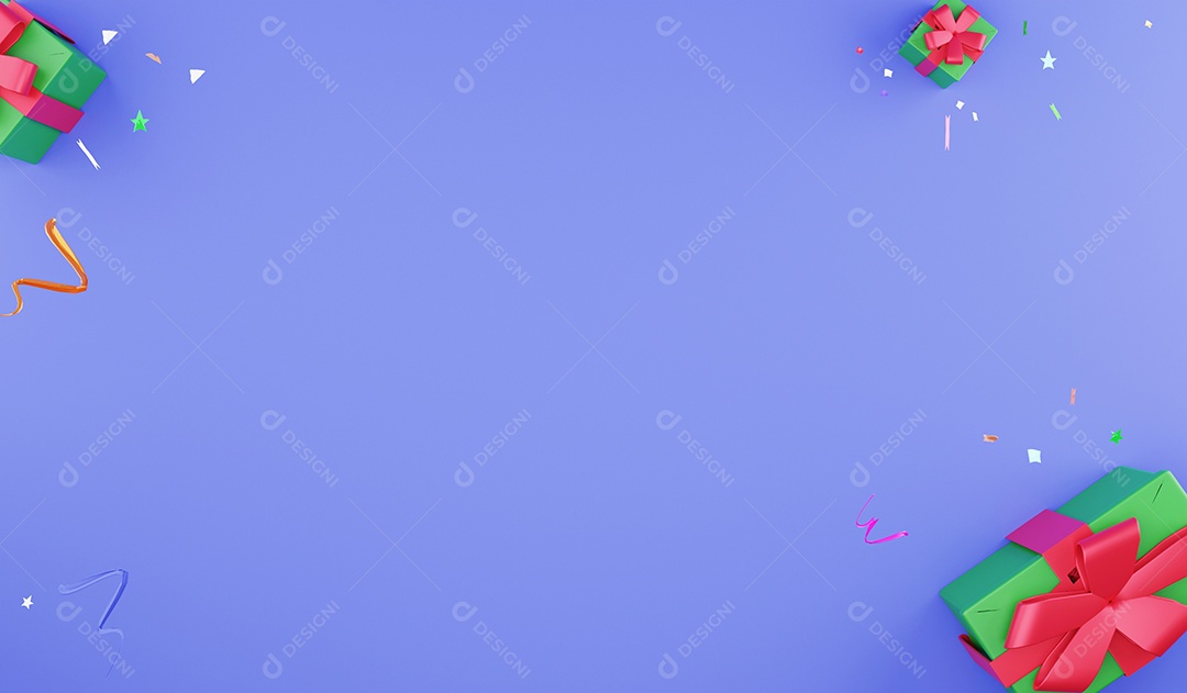 Vista superior de renderização 3D apresenta presentes de natal em fundo azul