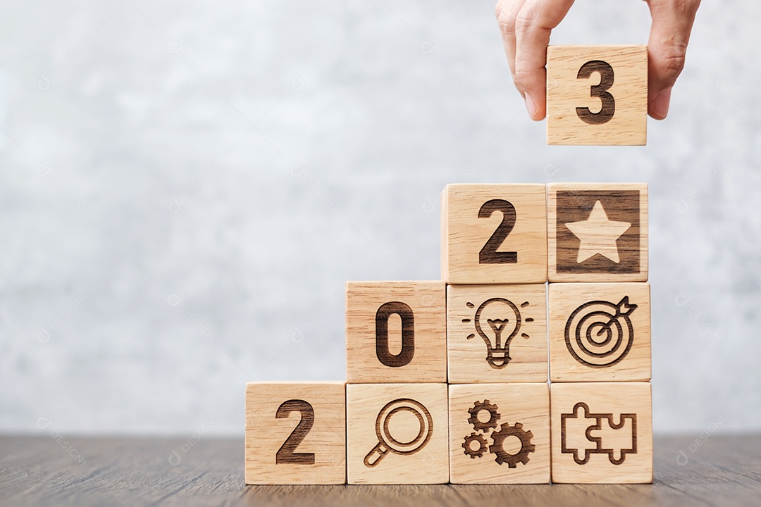 Business Success 2023 Wooden Block, Goal, Strategy, Target, Mission, Action, Purpose, Teamwork, Plan, Idea and New Year Start Concept