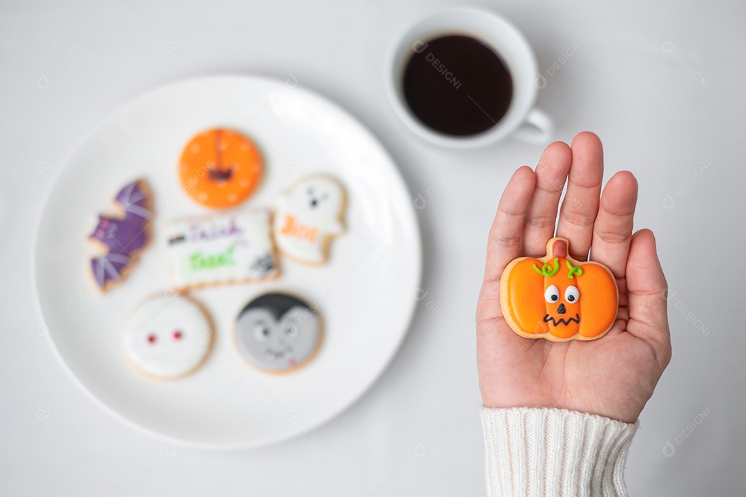 Feliz Dia das Bruxas com Cookies engraçados; Abóbora, fantasma assustador