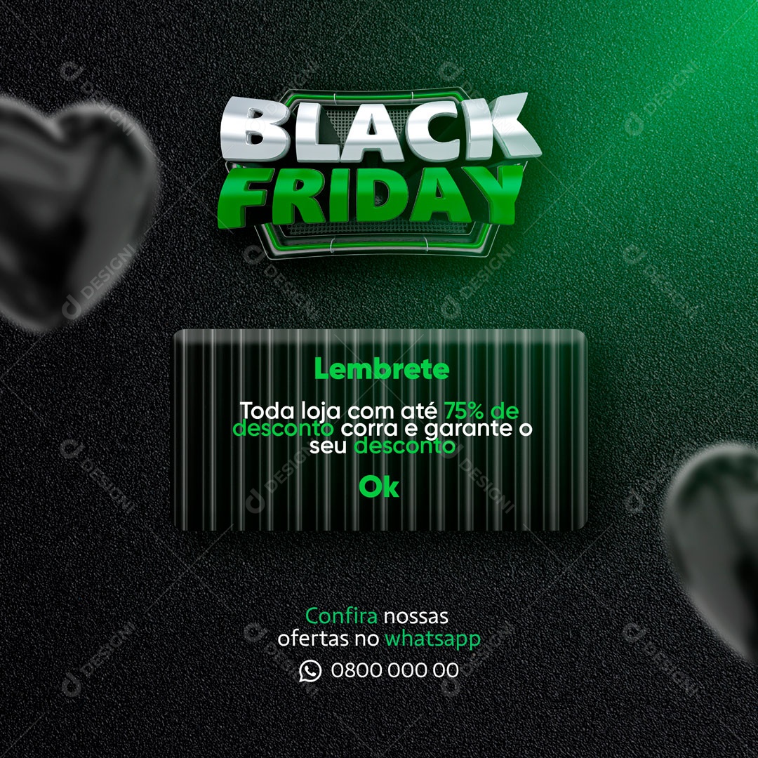 Lembrete Black Friday Toda Loja com até 75% de Desconto Social Media PSD Editável