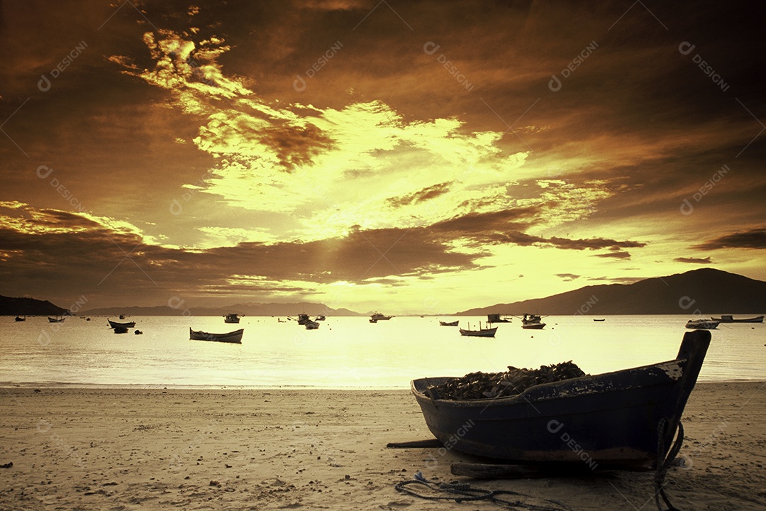 Barco sobre praia paisagem por do sol