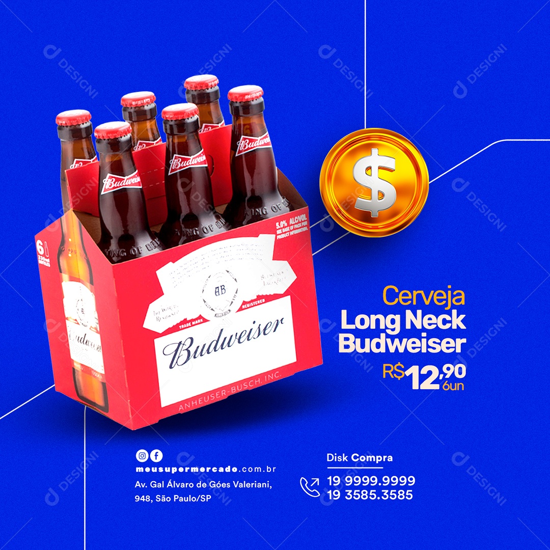 Cerveja Long Neck Budweiser Supermercado Social Media PSD Editável