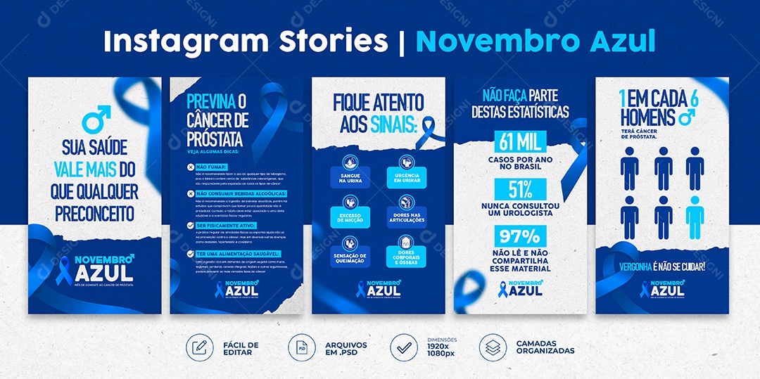Carrossel Storys Novembro Azul Combate ao Câncer de Próstata Social Media PSD Editável
