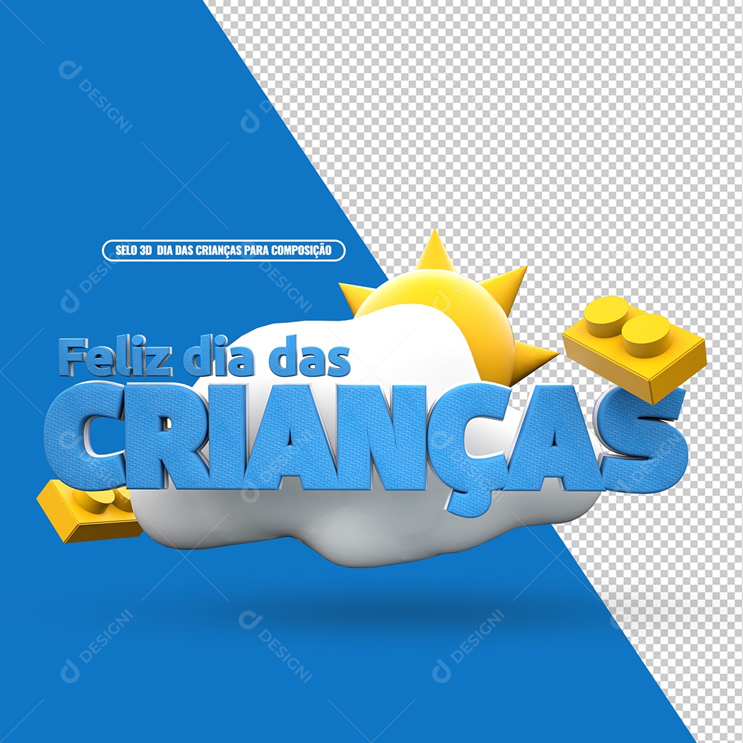 Dia das Crianças Selo 3D Azul e Dourado Para Composição PSD