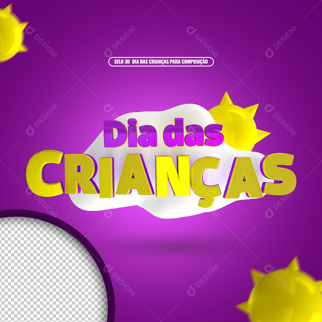 Dia das Crianças Selo 3D Roxo e Dourado Para Composição PSD