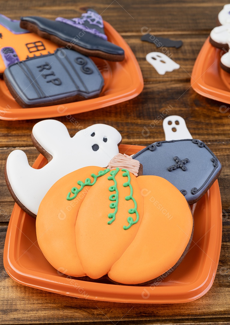 Pão de gengibre de Halloween, abóbora, fantasma, lápide, chapéu de bruxa