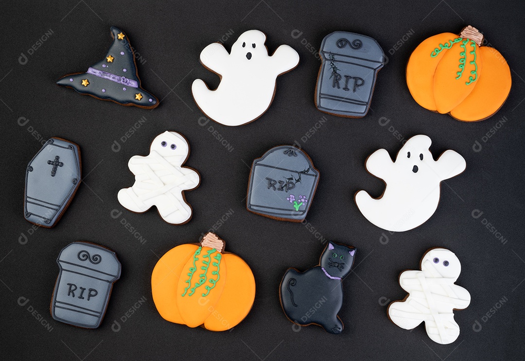 Pães de gengibre de Halloween, abóbora, gato, fantasma, lápide
