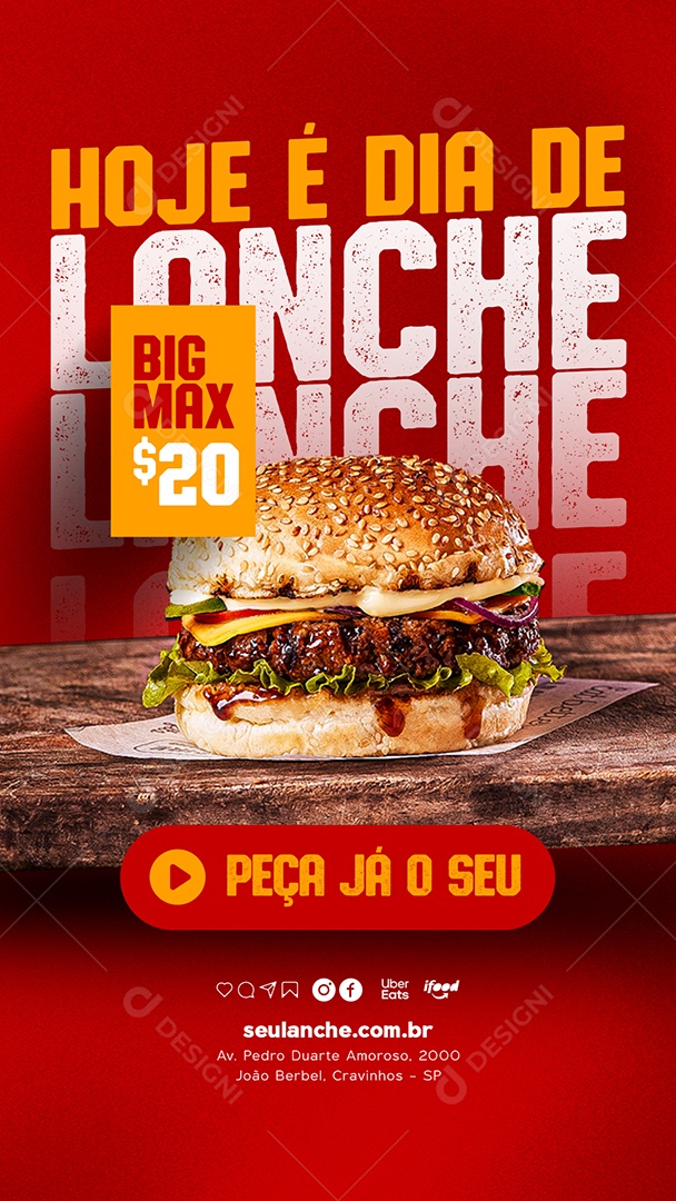 Story Hoje é Dia de Lanche Big Max Hamburgueria Social Media PSD Editável