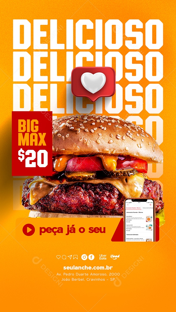 Story Big Max Delicioso Peça Já o Seu Hamburgueria Social Media PSD Editável