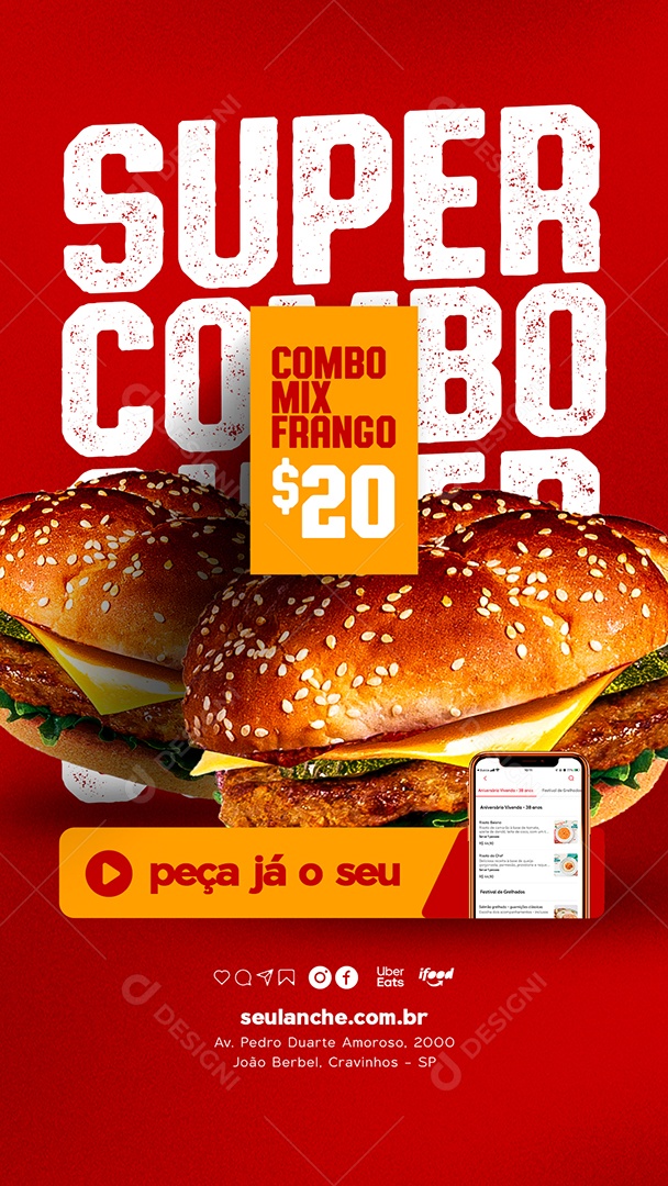 Storie Combo Mix Frango Super Combo Hamburgueria Social Media PSD Editável