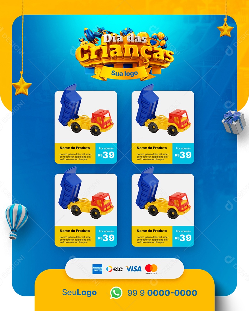 Encarte do Dia das Crianças Brinquedos Social Media PSD Editável