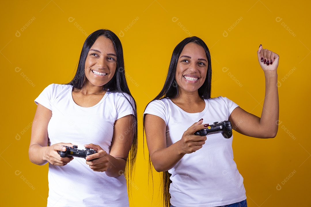 Lindas mulheres irmãs gêmeas jogando