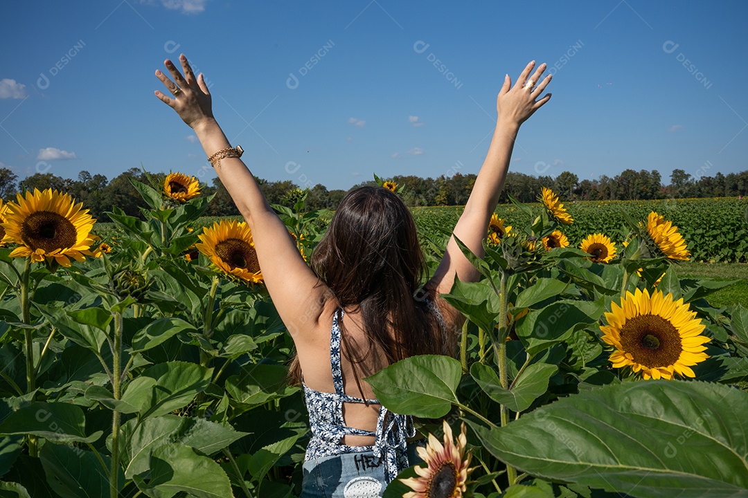 Mulher de costas fazendo paz e amor assina em um girassol.