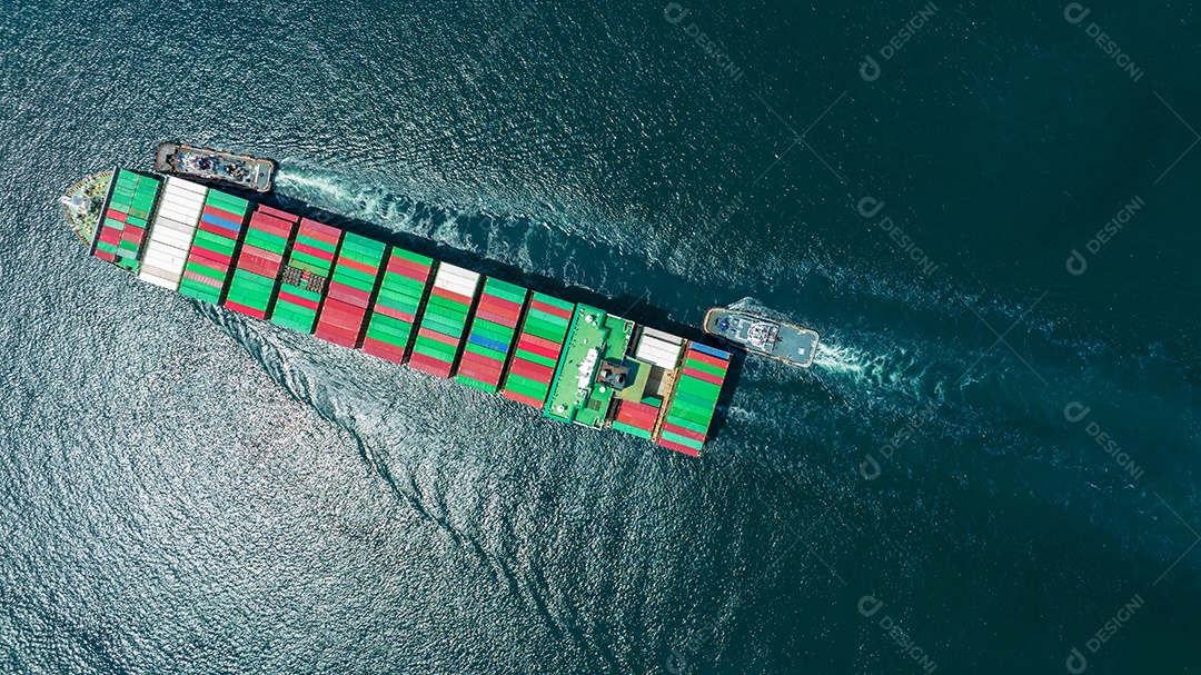 Navio porta-contentores de carga, navio marítimo de carga com rastro no oceano navio transportando contêiner e correndo para tecnologia de conceito de exportação frete marítimo por navio expresso Navio porta-contentores de carga, navio marítimo de car