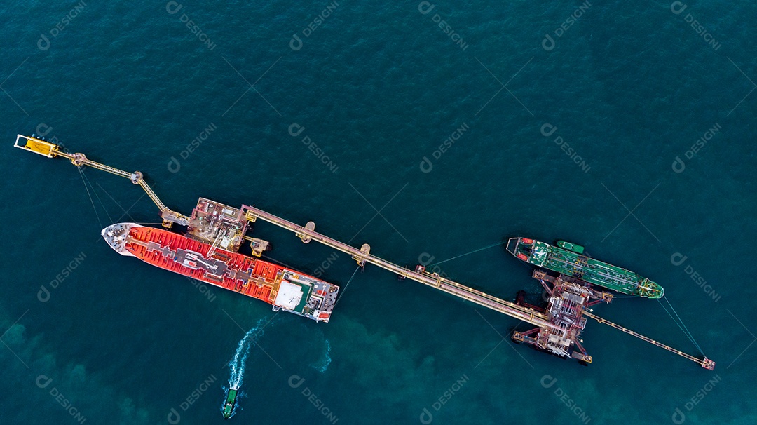 Aerial view of LPG gas ship in port pumping at sea.