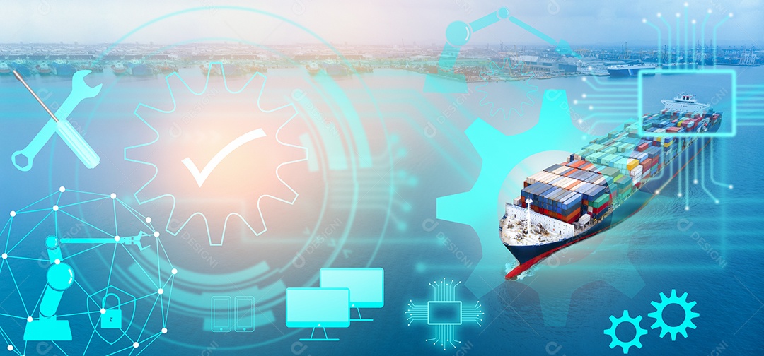 Antena de navio de carga transportando contêiner com conceito de tecnologia de manutenção de linha do porto de pátio de carga para outro navio de transporte de carga conceito oceânico no fundo do mar azul.