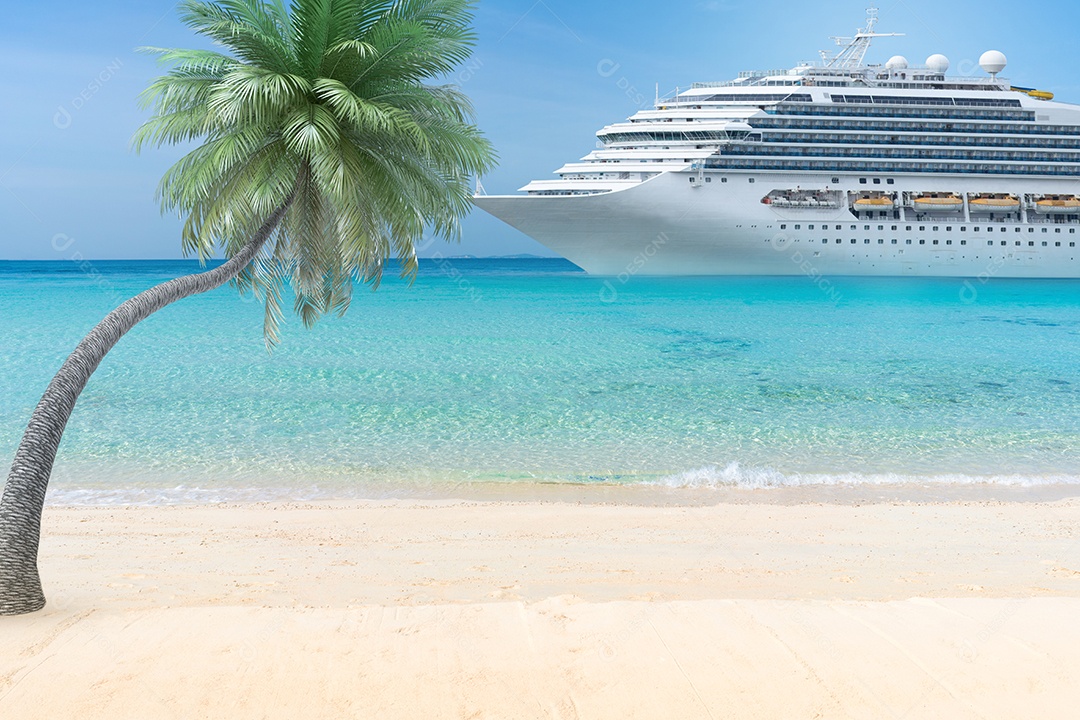 Belo cruzeiro de luxo de navio de cruzeiro branco com palma e areia.