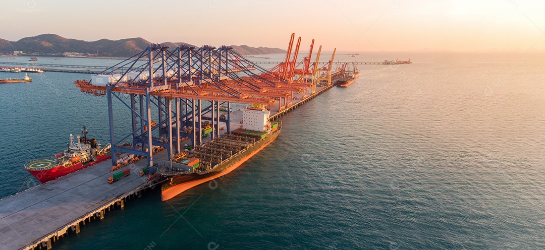 Antena do navio porta- contentores de carga que transporta o contentor sob grande.