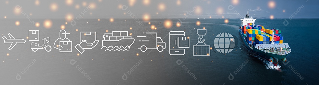 Vista aérea do navio de carga com logis de transporte de ícones inteligentes.
