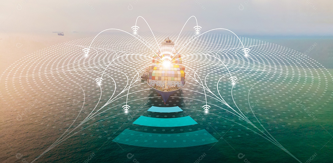 Antena do navio de carga com conexão de tecnologia WIFI.