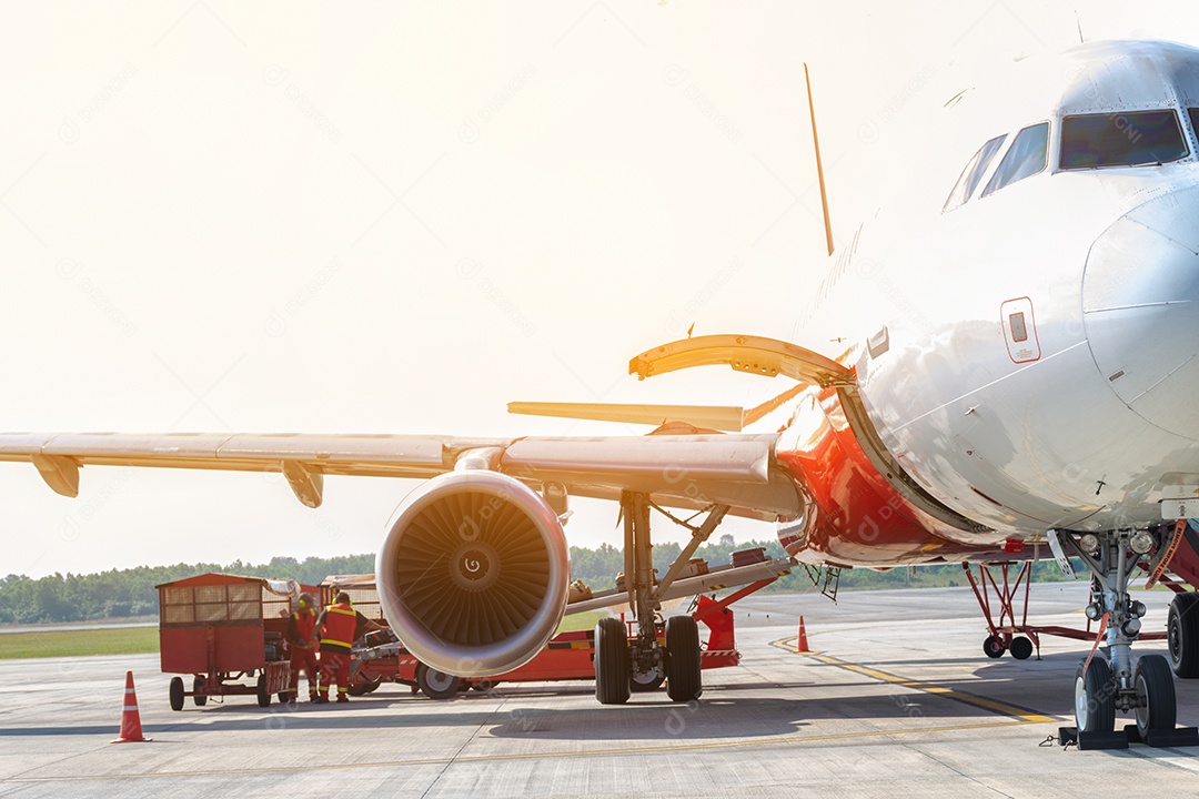 Avião de passageiros espera para carregar bagagem.