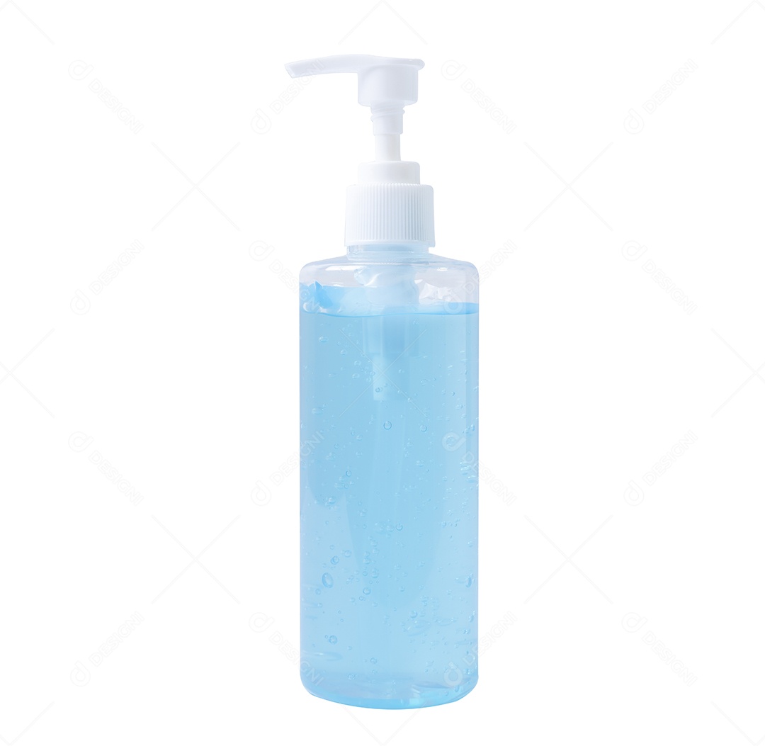 Desinfetante de gel de álcool, bactérias e vírus de limpeza em fundo branco com parh de recorte.