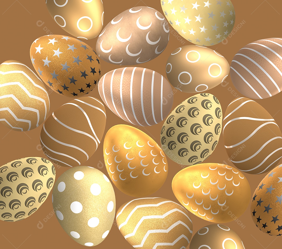 Feliz fundo de Páscoa com ovos decorados com brilho dourado realista.