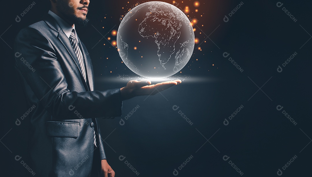 Mão de homem de negócios segurando a tecnologia de terra branca na cidade.