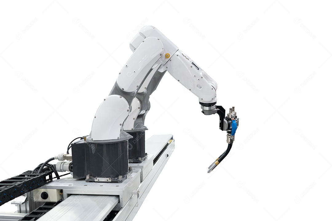 Soldagem robótica em fundo branco isolado com traçado de recorte.