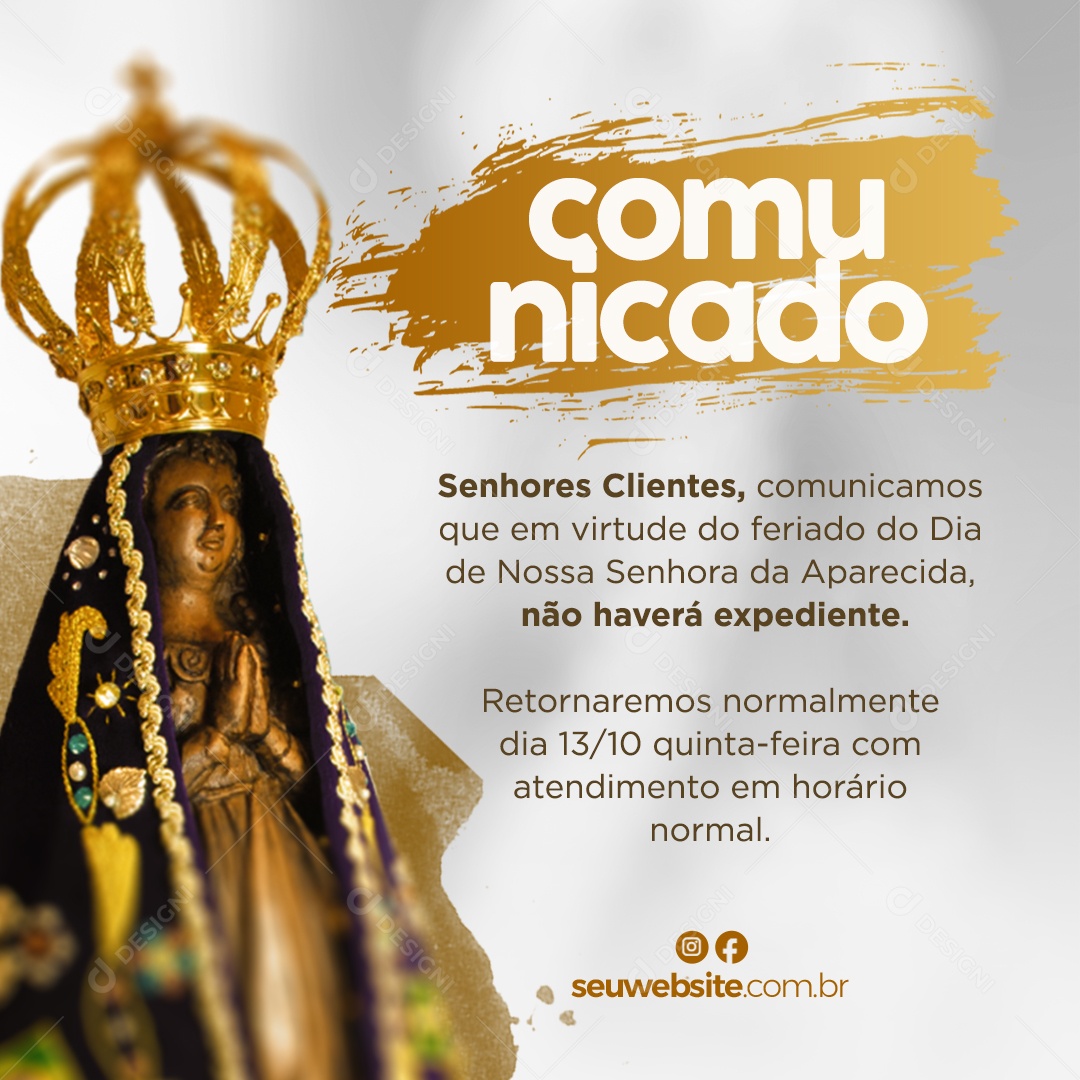 Comunicado Dia Da Nossa Senhora da Aparecida 12 de Outubro Social Media PSD Editável
