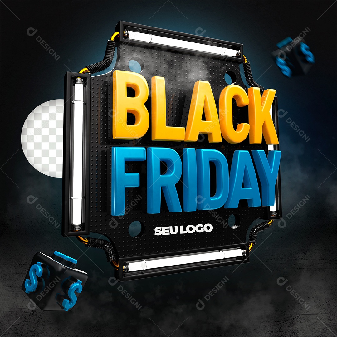 Black Friday Selo 3D Amarelo e Azul para Composição PSD
