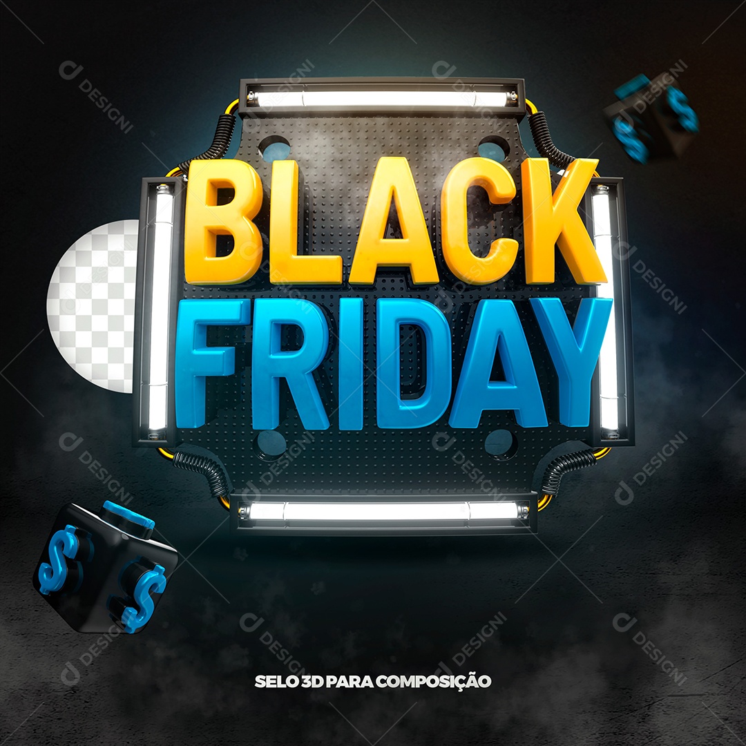 Black Friday Selo 3D Amarelo e Azul para Composição PSD