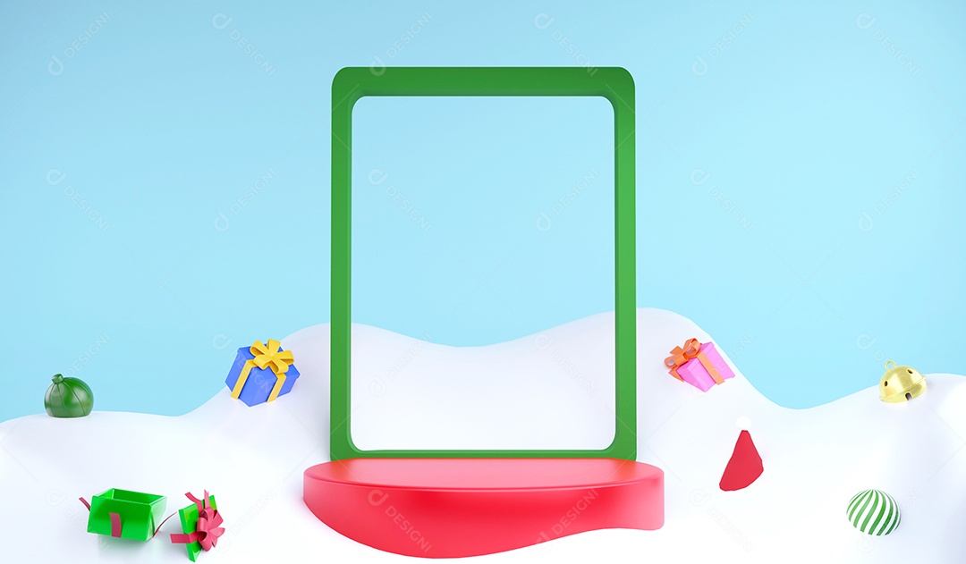 Pódio de renderização 3D e enfeites de Natal no chão de neve, ilustração 3D Natal e conceito de ano novo