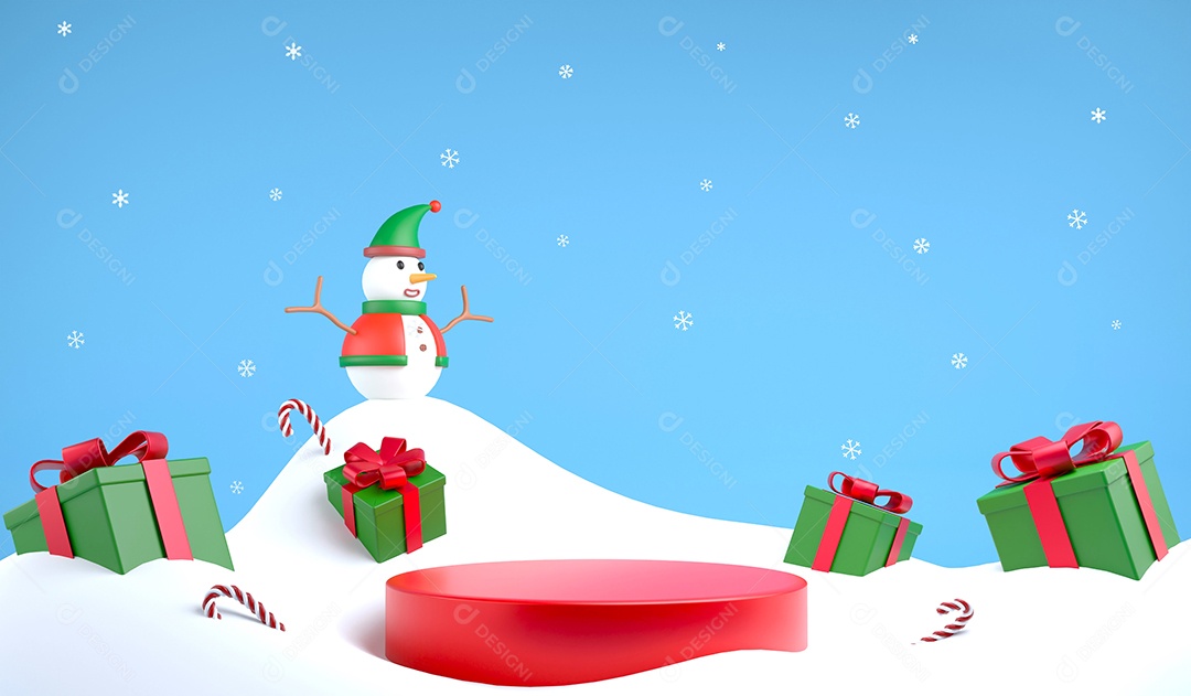 Pódio de renderização 3D e enfeites de Natal no chão de neve