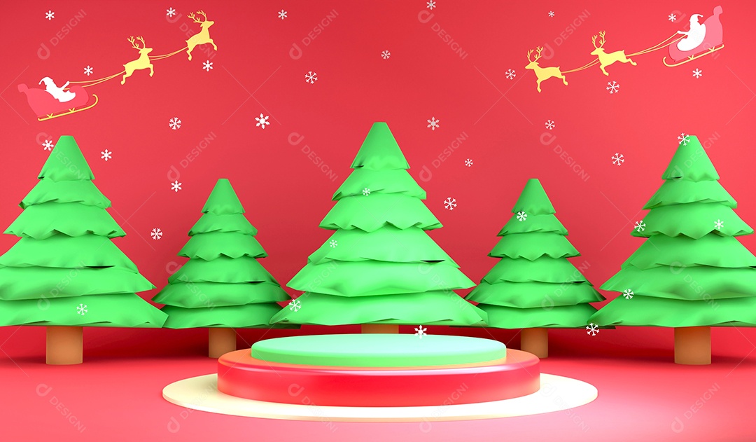 Pódio de renderização 3D e árvore de Natal em fundo vermelho,