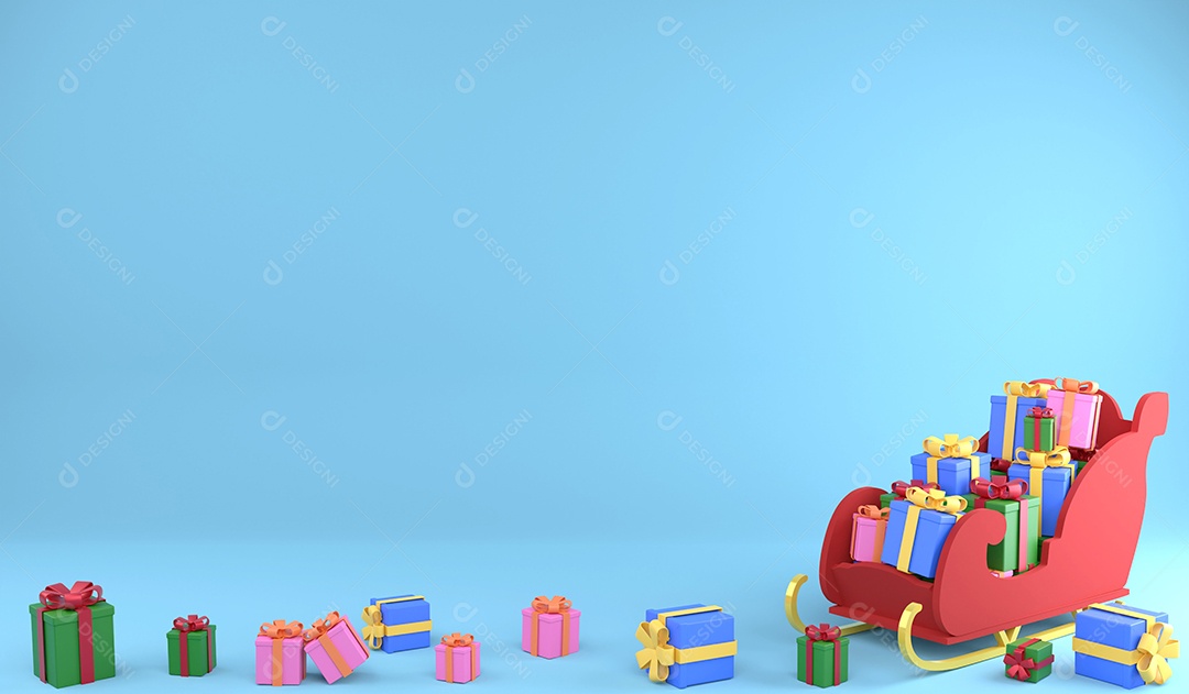 Renderização em 3D várias caixas de presente de Natal no trenó e no chão