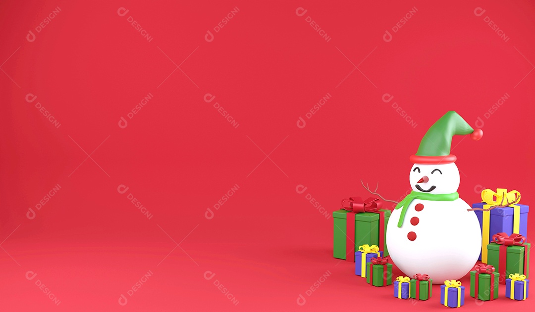 Boneco de neve de renderização 3D e caixa de presente de Natal em fundo vermelho