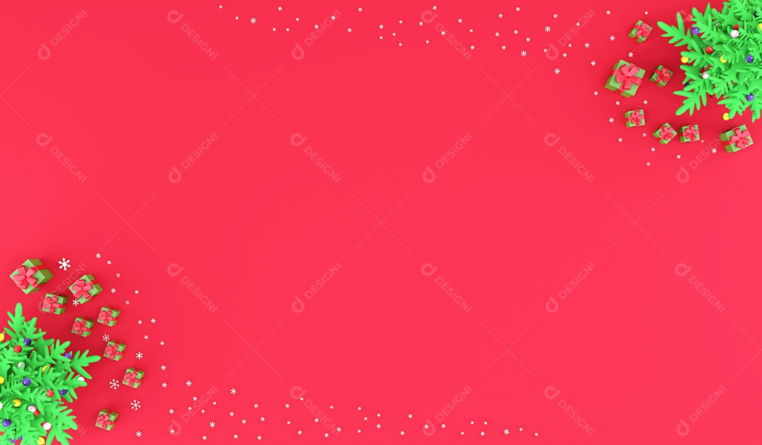 Vista superior de renderização 3D Enfeites de Natal e ano novo em fundo vermelho