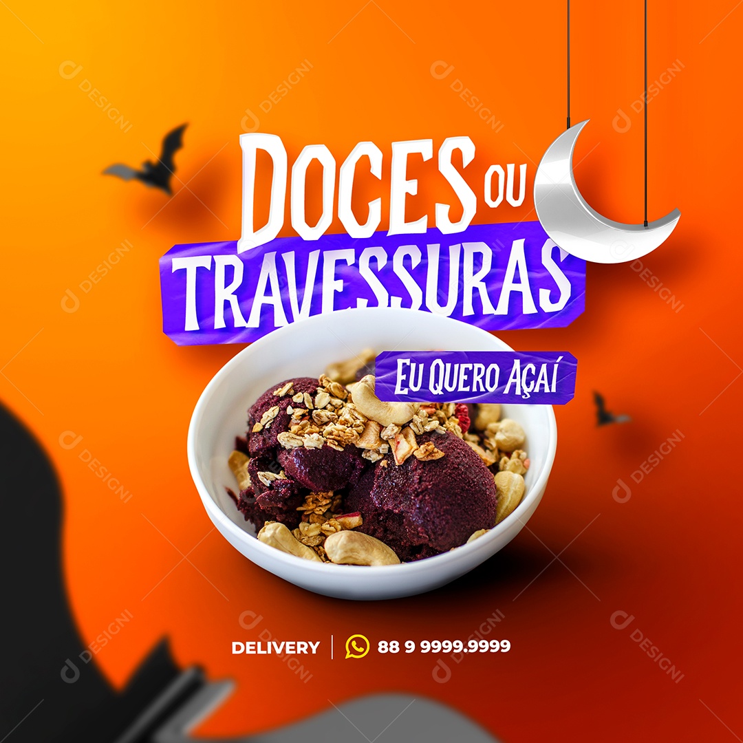 Doces ou Travessuras Eu Quero Açaí Social Media PSD Editável