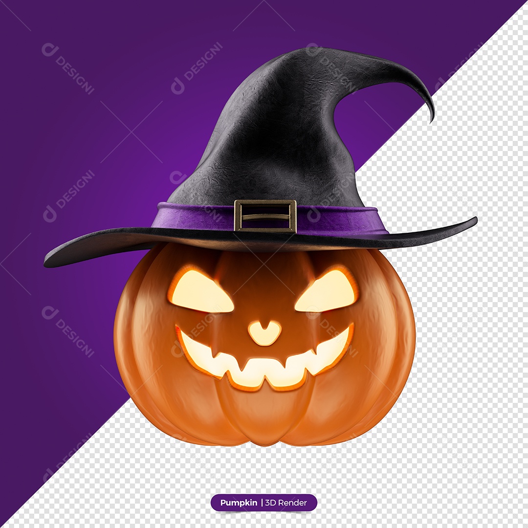 Abóbora Laranja Com Chapéu de Bruxa 3D Preto Com Listra Roxa de Halloween Elemento PSD