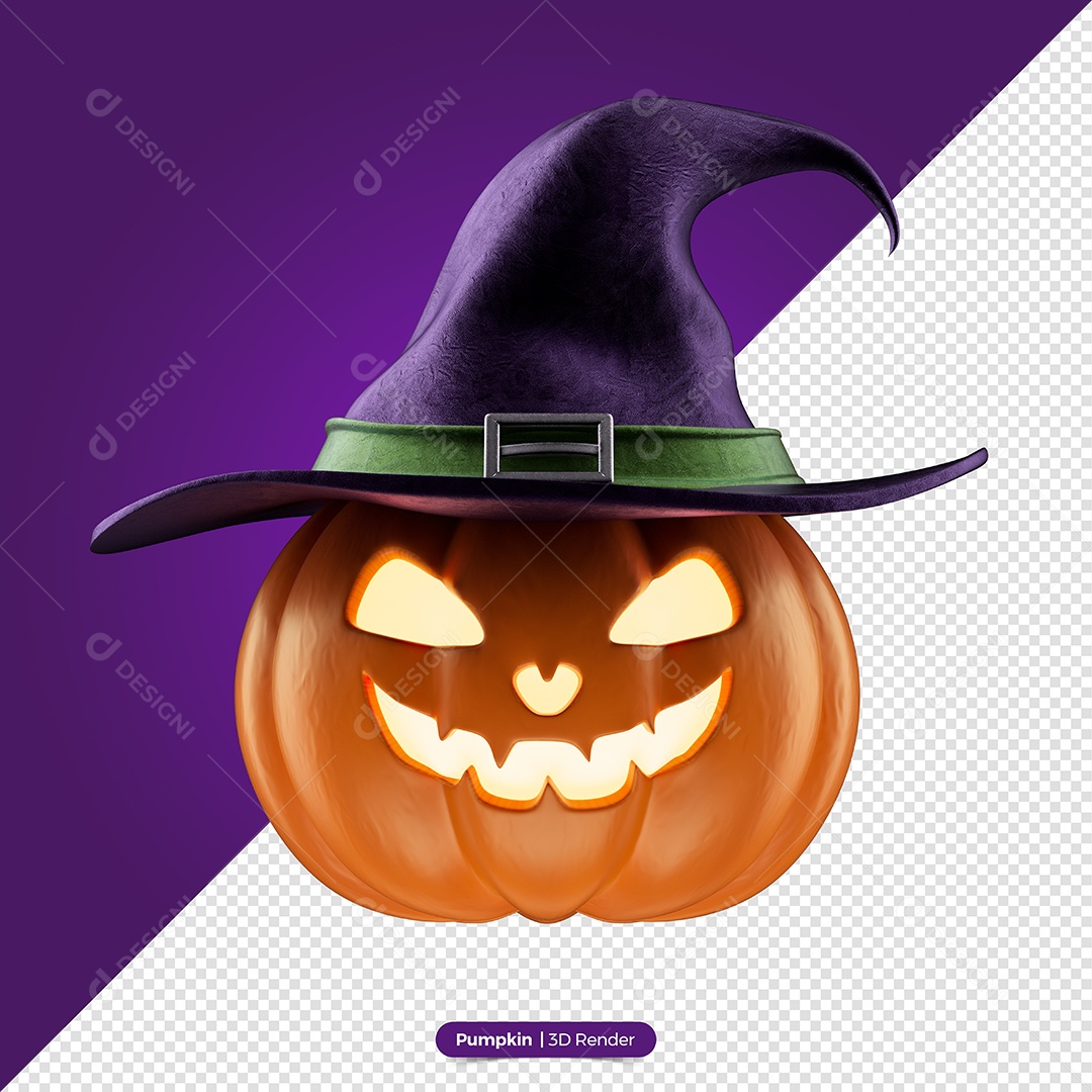 Abóbora Laranja Com Chapéu de Bruxa 3D Preto Com Listra Verde de Halloween Elemento PSD