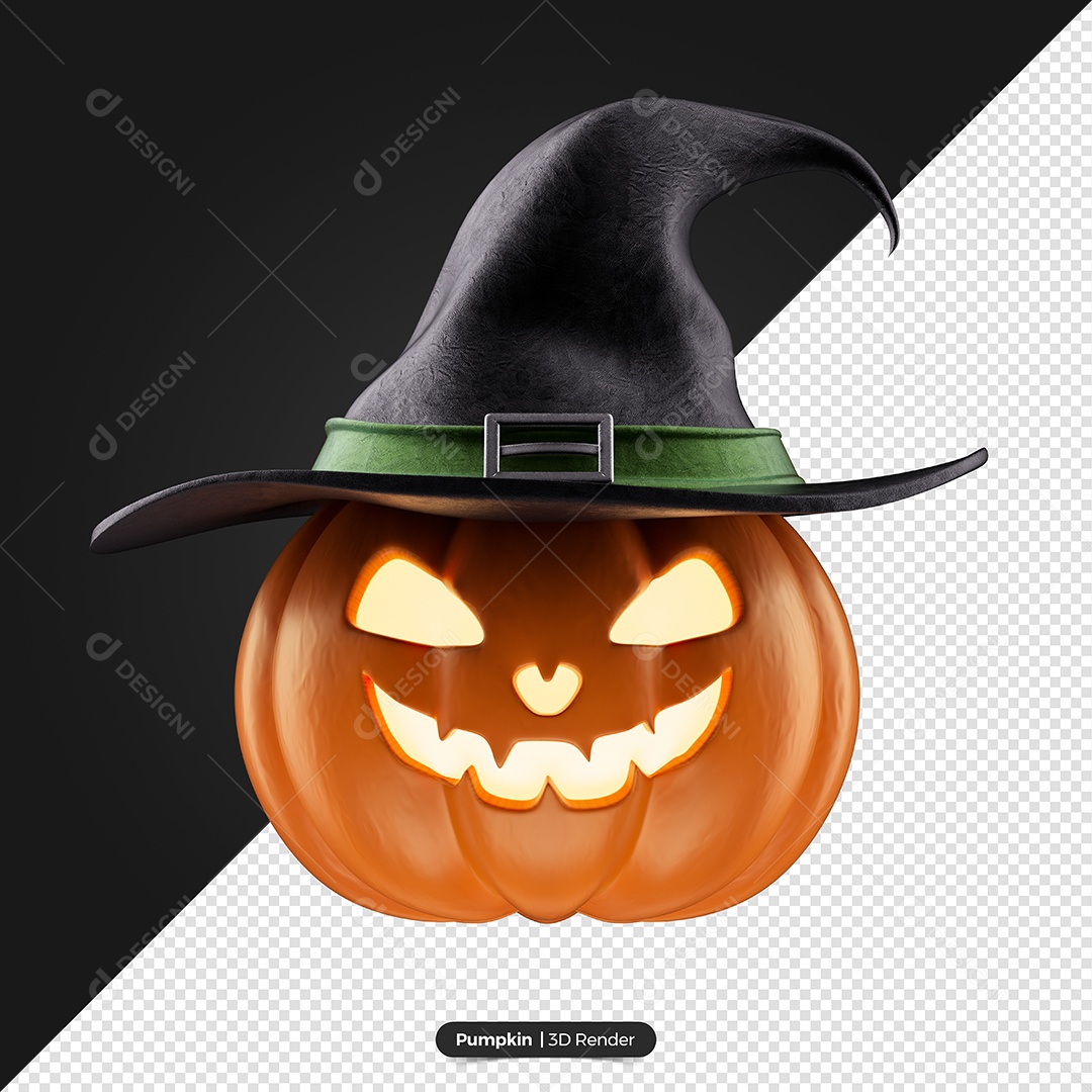 Abóbora Laranja Com Chapéu de Bruxa Preto Com Listra Verde 3D de Halloween Elemento PSD