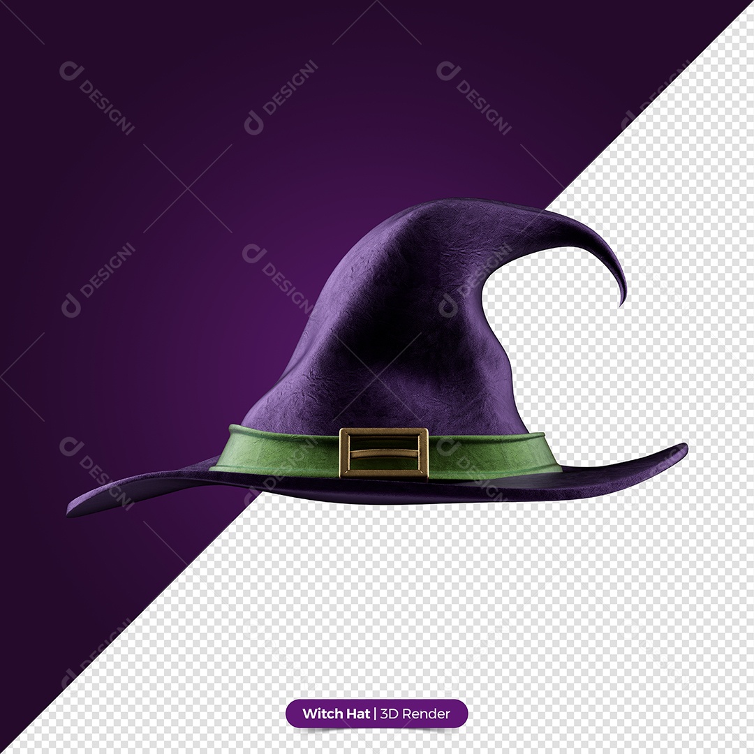 Chapéu de Bruxa Roxo com Listra Verde 3D de Halloween Elemento para Composição PSD